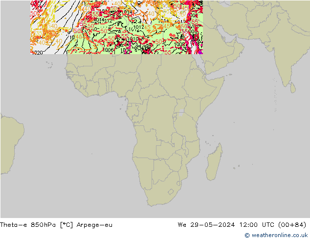 Theta-e 850hPa Arpege-eu mer 29.05.2024 12 UTC