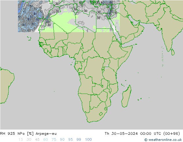 RH 925 hPa Arpege-eu Th 30.05.2024 00 UTC