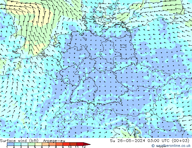 Surface wind (bft) Arpege-eu Su 26.05.2024 03 UTC