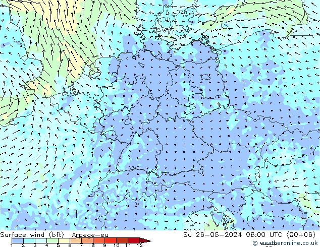 Wind 10 m (bft) Arpege-eu zo 26.05.2024 06 UTC