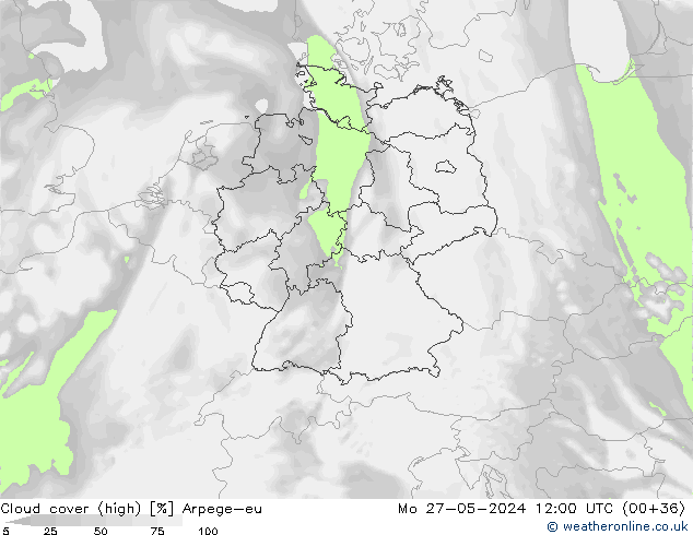 Cloud cover (high) Arpege-eu Mo 27.05.2024 12 UTC