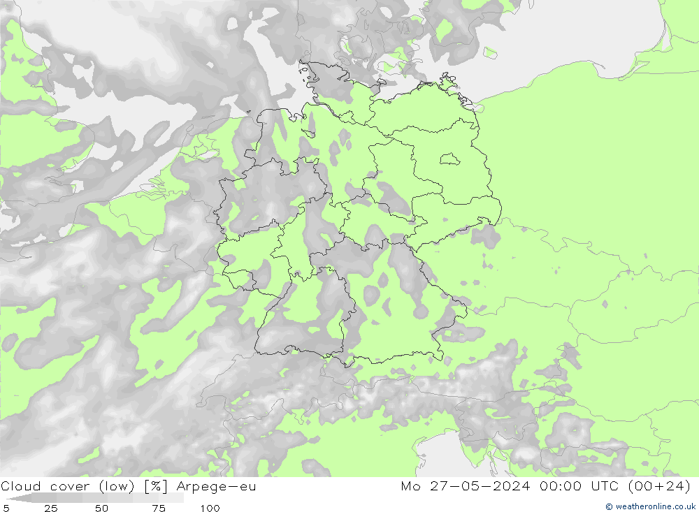 Cloud cover (low) Arpege-eu Mo 27.05.2024 00 UTC