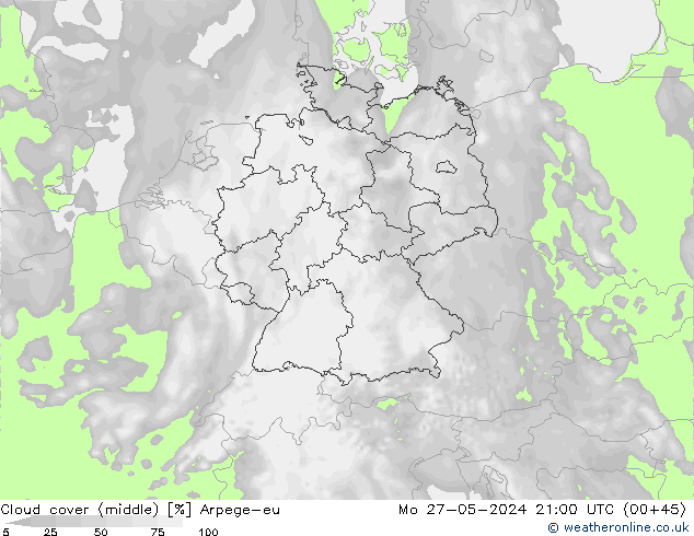 Cloud cover (middle) Arpege-eu Mo 27.05.2024 21 UTC