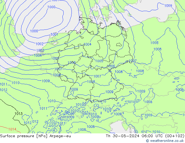 Atmosférický tlak Arpege-eu Čt 30.05.2024 06 UTC