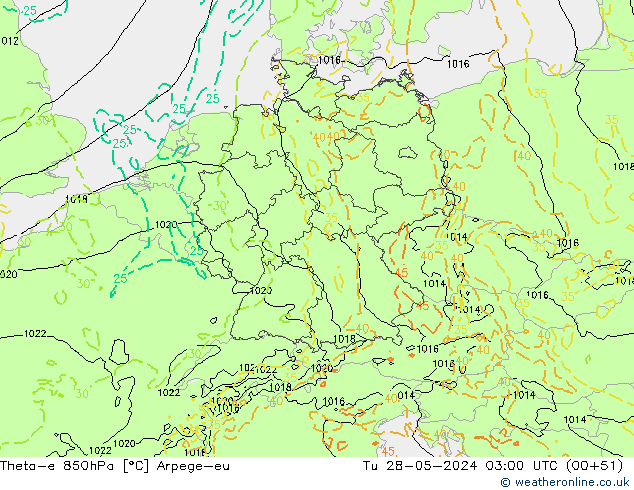 Theta-e 850гПа Arpege-eu вт 28.05.2024 03 UTC