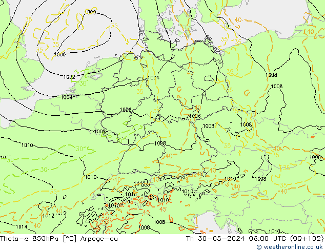 Theta-e 850hPa Arpege-eu Qui 30.05.2024 06 UTC