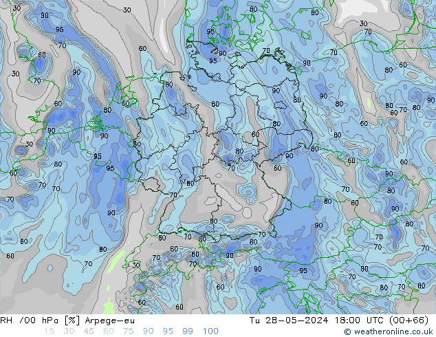 RH 700 гПа Arpege-eu вт 28.05.2024 18 UTC