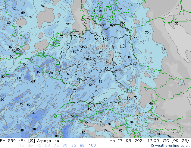 RH 850 hPa Arpege-eu pon. 27.05.2024 12 UTC