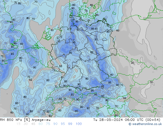 RH 850 hPa Arpege-eu mar 28.05.2024 06 UTC