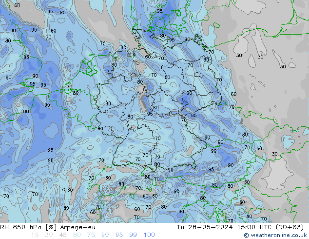 RH 850 hPa Arpege-eu Tu 28.05.2024 15 UTC