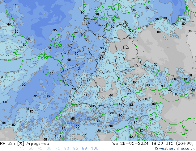 RH 2m Arpege-eu Qua 29.05.2024 18 UTC