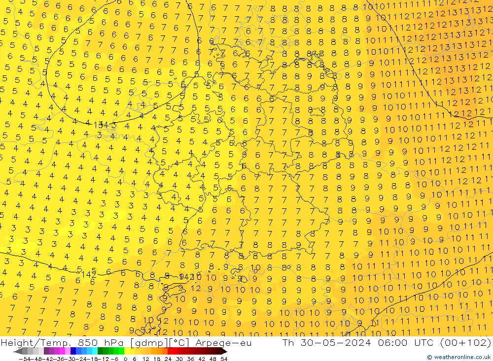 Height/Temp. 850 hPa Arpege-eu Th 30.05.2024 06 UTC