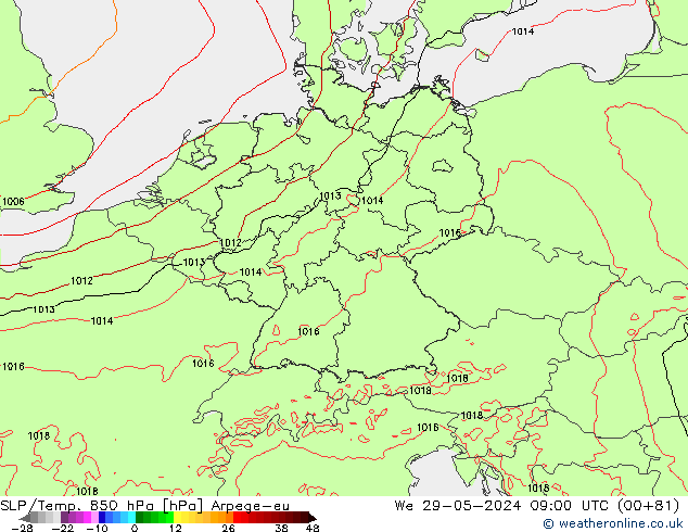 SLP/Temp. 850 hPa Arpege-eu mer 29.05.2024 09 UTC