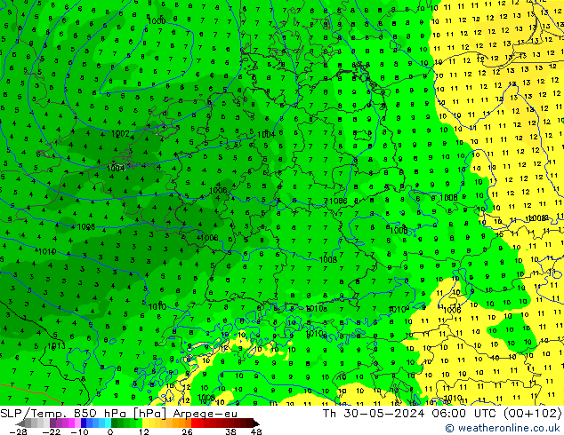 SLP/Temp. 850 hPa Arpege-eu Čt 30.05.2024 06 UTC