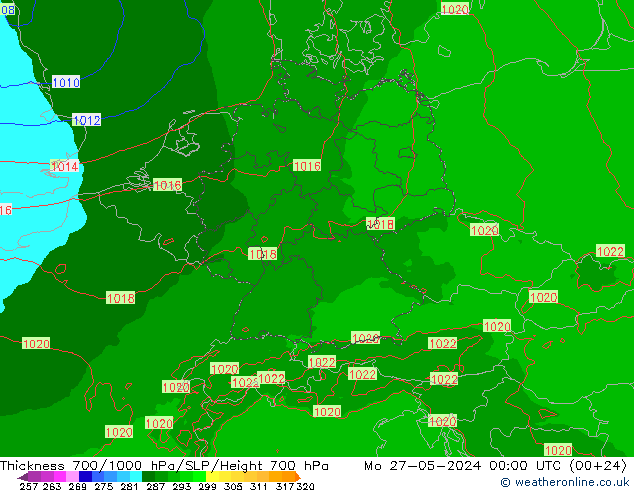 Thck 700-1000 гПа Arpege-eu пн 27.05.2024 00 UTC