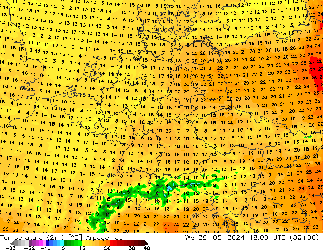Temperaturkarte (2m) Arpege-eu Mi 29.05.2024 18 UTC