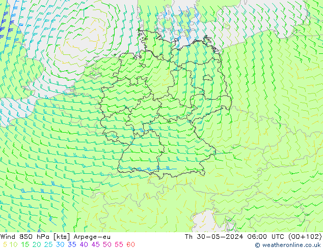 Wind 850 hPa Arpege-eu Th 30.05.2024 06 UTC