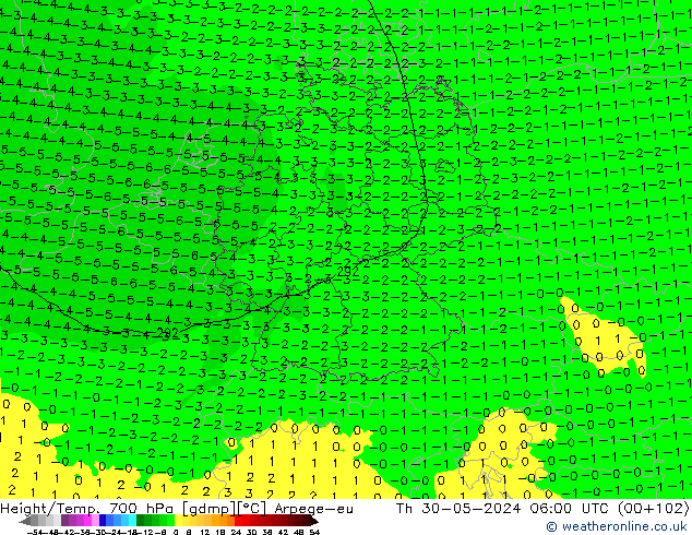 Geop./Temp. 700 hPa Arpege-eu jue 30.05.2024 06 UTC