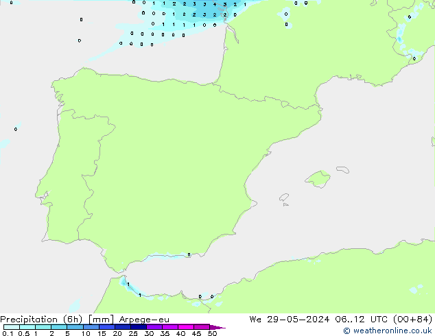 Precipitación (6h) Arpege-eu mié 29.05.2024 12 UTC