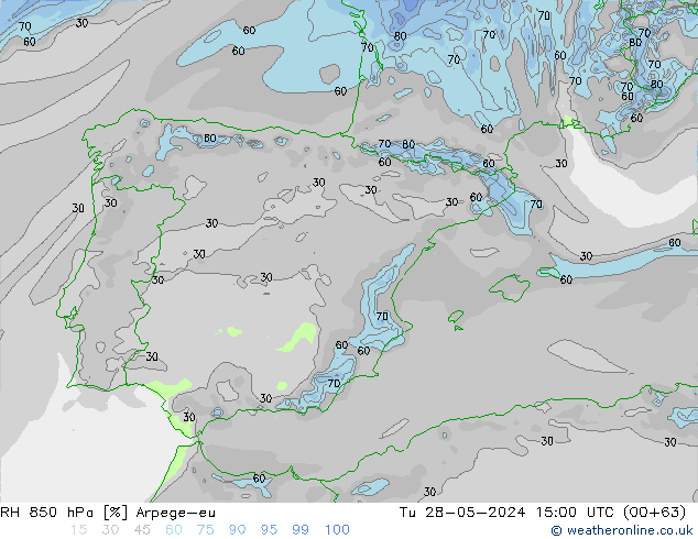 RH 850 hPa Arpege-eu wto. 28.05.2024 15 UTC