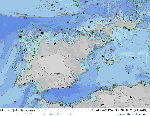 RH 2m Arpege-eu gio 30.05.2024 03 UTC