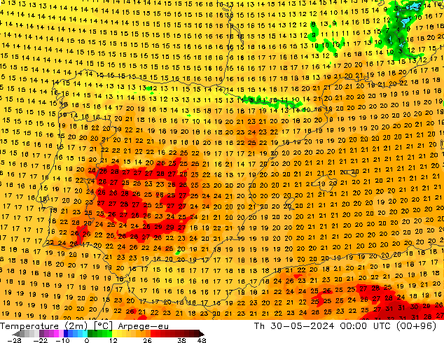 Temperature (2m) Arpege-eu Th 30.05.2024 00 UTC