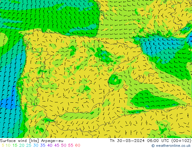 Vento 10 m Arpege-eu Qui 30.05.2024 06 UTC