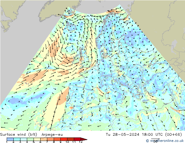 Surface wind (bft) Arpege-eu Tu 28.05.2024 18 UTC