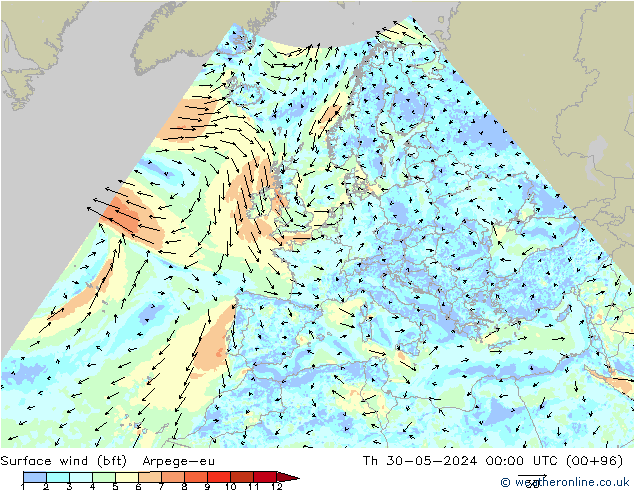 Vento 10 m (bft) Arpege-eu gio 30.05.2024 00 UTC