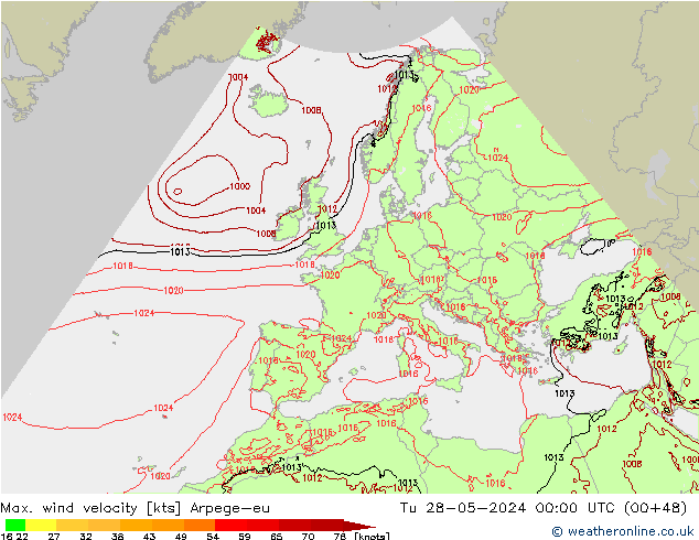 Max. wind velocity Arpege-eu mar 28.05.2024 00 UTC