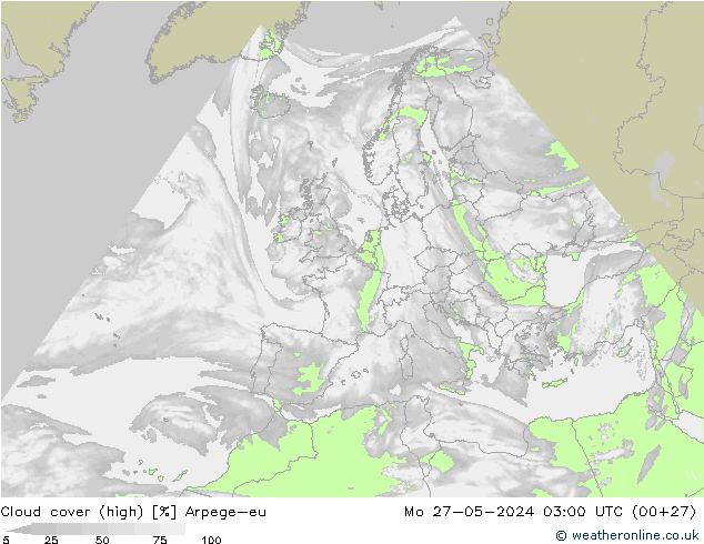 Cloud cover (high) Arpege-eu Mo 27.05.2024 03 UTC