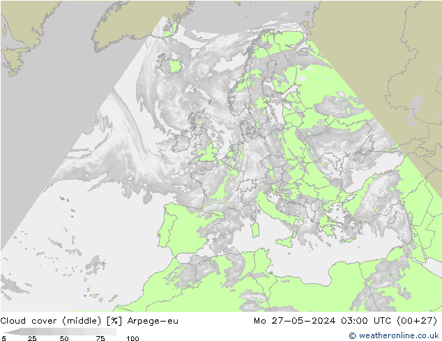 Cloud cover (middle) Arpege-eu Mo 27.05.2024 03 UTC