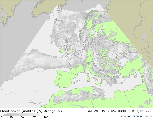 Cloud cover (middle) Arpege-eu We 29.05.2024 00 UTC