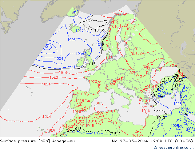 Surface pressure Arpege-eu Mo 27.05.2024 12 UTC