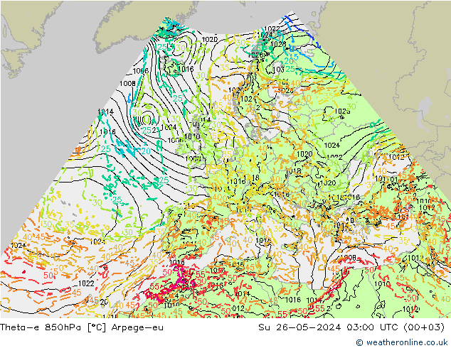 Theta-e 850hPa Arpege-eu Su 26.05.2024 03 UTC