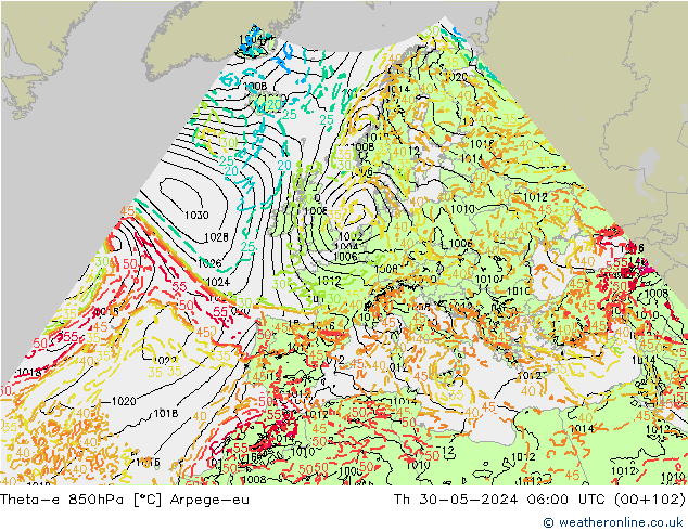 Theta-e 850hPa Arpege-eu Qui 30.05.2024 06 UTC