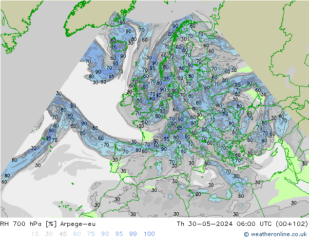 RH 700 hPa Arpege-eu Qui 30.05.2024 06 UTC