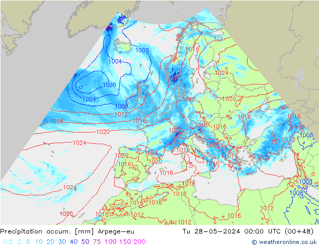 Totale neerslag Arpege-eu di 28.05.2024 00 UTC