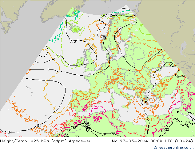 Height/Temp. 925 hPa Arpege-eu Mo 27.05.2024 00 UTC