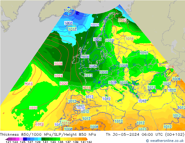 Thck 850-1000 hPa Arpege-eu Qui 30.05.2024 06 UTC