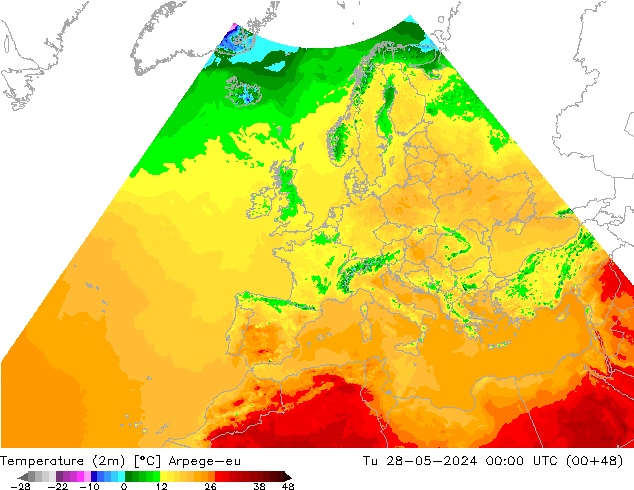 Temperatuurkaart (2m) Arpege-eu di 28.05.2024 00 UTC