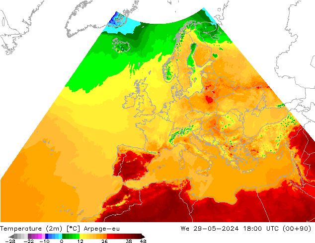 Temperaturkarte (2m) Arpege-eu Mi 29.05.2024 18 UTC