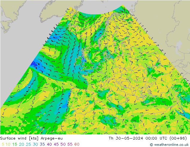 Surface wind Arpege-eu Čt 30.05.2024 00 UTC