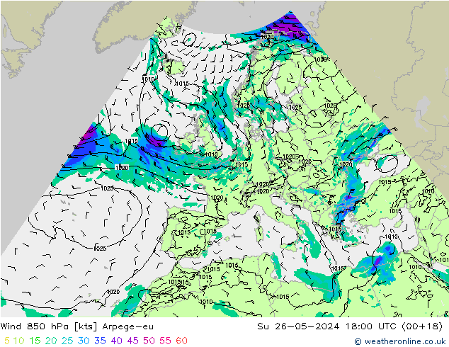 wiatr 850 hPa Arpege-eu nie. 26.05.2024 18 UTC