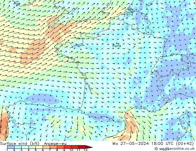 Surface wind (bft) Arpege-eu Mo 27.05.2024 18 UTC