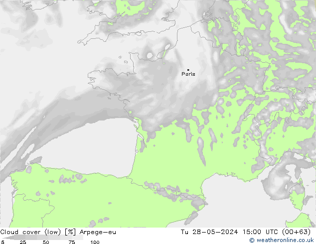 Cloud cover (low) Arpege-eu Tu 28.05.2024 15 UTC