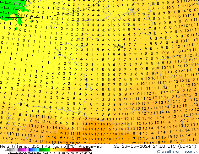 Height/Temp. 850 hPa Arpege-eu So 26.05.2024 21 UTC