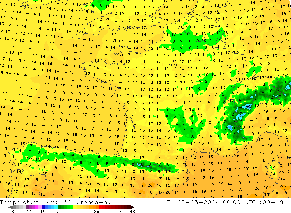 Temperaturkarte (2m) Arpege-eu Di 28.05.2024 00 UTC