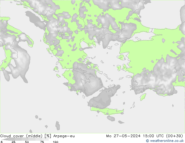 Cloud cover (middle) Arpege-eu Mo 27.05.2024 15 UTC