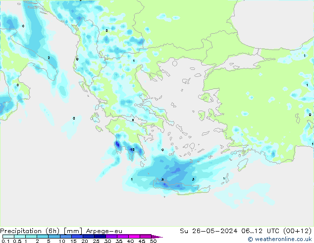 Precipitation (6h) Arpege-eu Su 26.05.2024 12 UTC